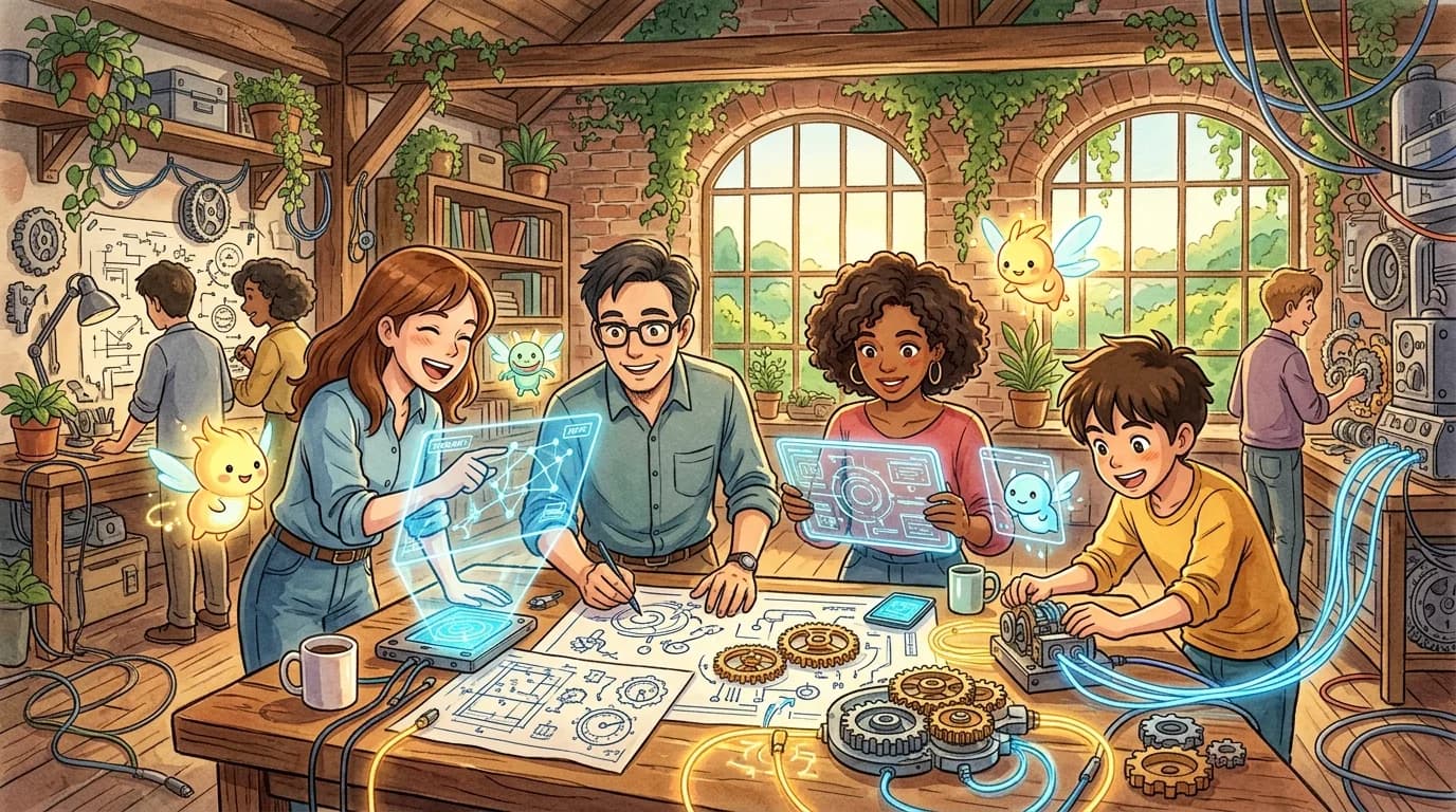 Studio Ghibli art depicting QuantroMind engineering team crafting intelligent systems