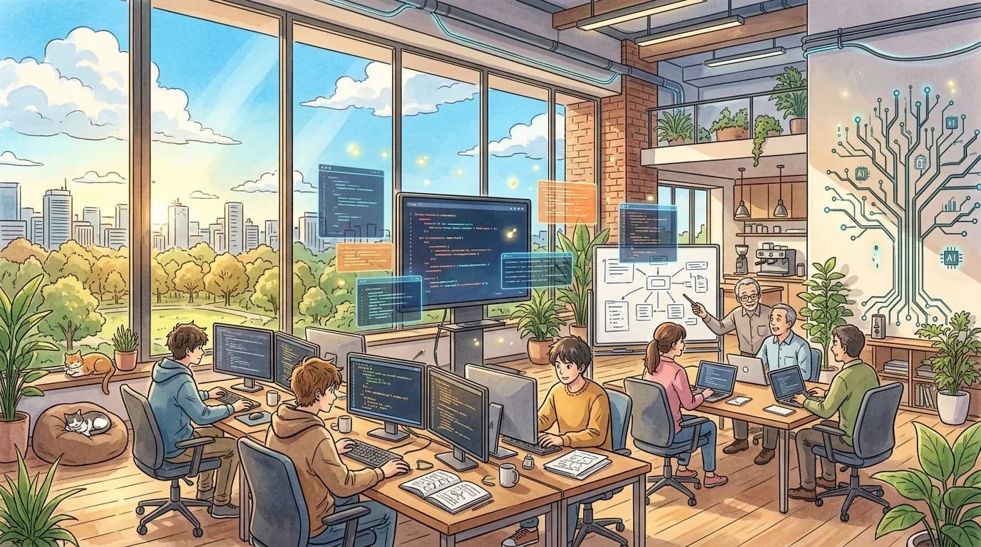 Studio Ghibli style illustration of QuantroMind software innovation lab in Pune
